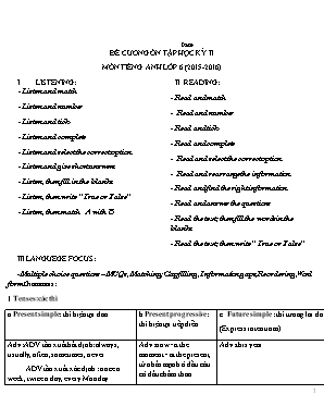 Đề cương ôn tập học kỳ II môn Tiếng Anh Lớp 6 - Năm học 2015-2016